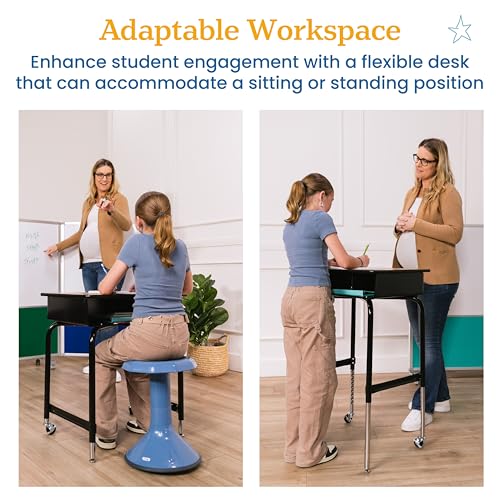 Mobile Open Front Desk with Metal Storage Book Box, Classroom Furniture, Oak