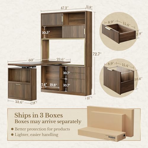 60'' L Shaped Standing Desk with Hutch, Black Walnut, view 3