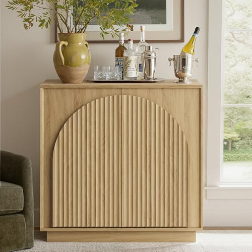 31.5" Small Buffet Cabinet with Storage, Arched Doors, Oak, 1PCS, view 2