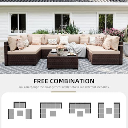 7 Pieces Patio Furniture Sets, Wicker Outdoor Sectional Sofa Couch with Coffee Table, Patio Conversation Set for Deck Backyard Garden, Brown Rattan, Beige Cushion