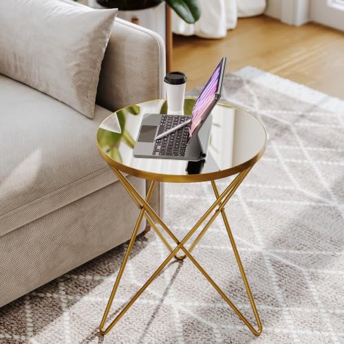 Modern Round Side Table, End Table with Marble Effect Top and Gold Metal Frame, Small Side Table for Living Room, Bedroom, Sofa and Couch, Gold Legs, Mirror top