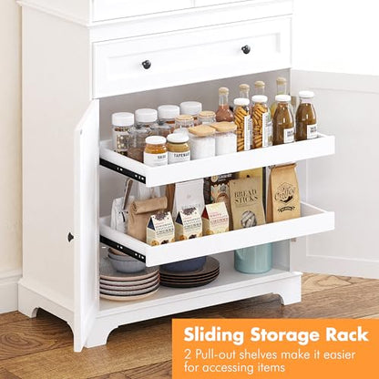 71'' Tall Kitchen Pantry Cabinet, Wood Food Pantry Cabinet with Drawers and Wine Glass Rack, Freestanding Storage Cabinet for Kitchen, Living Room, Dining Room, White