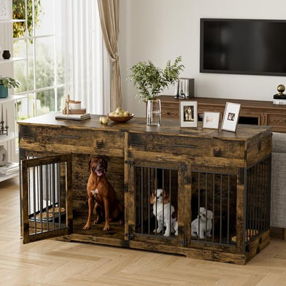 72" Double Dog Crate Furniture for Medium Large Dogs, Rustic Brown, view 2