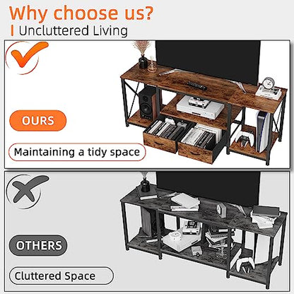 TV Stand with Fabric Drawer - Entertainment Center and Industrial TV Console Table with Open Storage Shelves for Living Room, Bedroom - 55.1" Rustic Brown