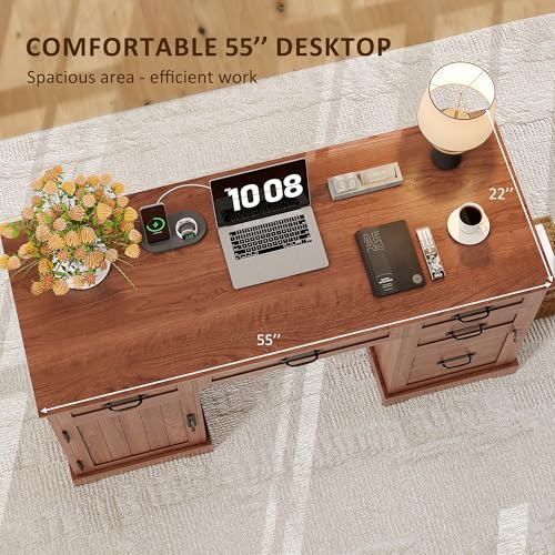 55'' Farmhouse Desk Home Office with Drawers, Brown, view 7