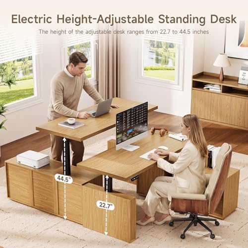 55" L Shaped Standing Desk w/File Cabinet, Sit Up Desk, Oak Brown, view 7