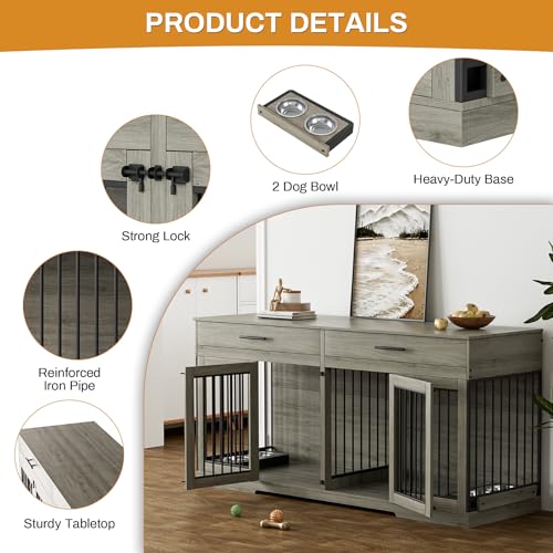72" Double Dog Crate Furniture for Medium Large Dogs, Grey, view 6