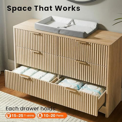 Fluted Dresser for Bedroom, Wide Wooden Dresser with 6 Deep Drawers, Closet Storage Organizer with Round Corner & Pre-Installed Slides, Modern Chests of Drawers for Bedroom, Natural Oak