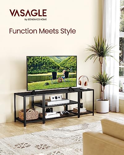 VASAGLE Modern TV Stand for TVs up to 65 Inches, 3-Tier Entertainment Center, Industrial TV Console Table with Open Storage Shelves, for Living Room, Bedroom, Black with Wood Grain ULTV097B22