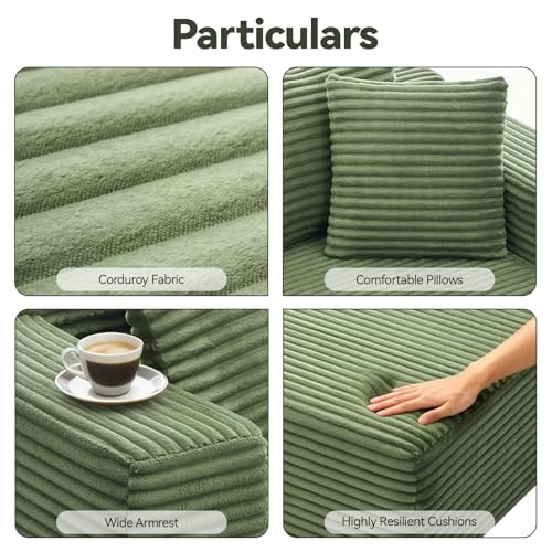 106" Modular Sectional Sofa, Green Corduroy Cloud Couch with Right Chaise, Deep Seat Boneless Floor Sofa for Living Room, High-Resilience Foam Support, No Assembly Required, Includes Pillows | Sectional Sofa