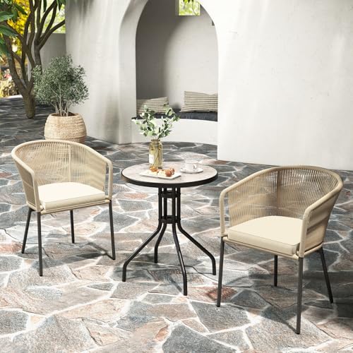 Patio Chairs Set of 4, Outdoor Accent Chairs with Woven Rope Curved Backrest & Armrests, Seat Cushion, Adjustable Foot Pads, Modern Dining Chair for Dining Room, Patio, Backyard, Beige