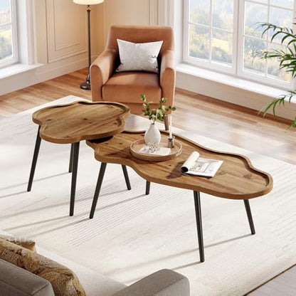 Nesting Coffee Table Set of 2, Solid Wood Coffee Tables with Cloud Tabletop, Stacking Accent Tables with Adjustable Non-Slip Feet for Living Room, Bedroom & Small Space, Rustic Brown
