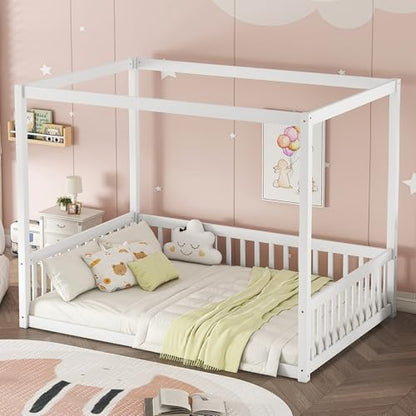 Full Size Canopy Bed Frame with Guardrails for Kids, view 5