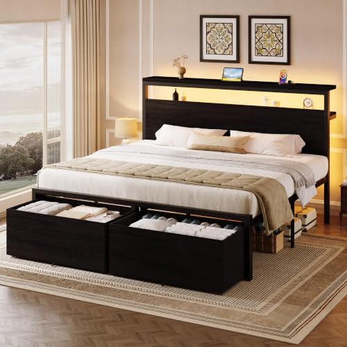 King LED Bed Frame, 2 Storage Drawers, Charging Station, Black, view 4