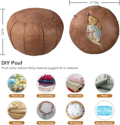 Unstuffed Pouf Ottoman Handmade Moroccan Storage Footstool Seat Round Home Decoration Pouf Cover Multi Functional Bean Bag Floor Chair for Living Room, Office, Bedroom, Balcony Decor