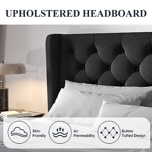 Queen Size Bed Frame with Button Tufted Wingback Headboard, Black, view 4