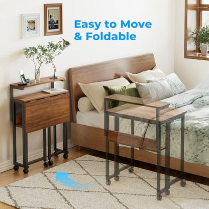 Folding Desk with Adjustable Monitor Stand and Storage Shelf, 24.8in Small Desk with Wheels, Mobile Rolling Table for Small Spaces, Home Office, Walnut