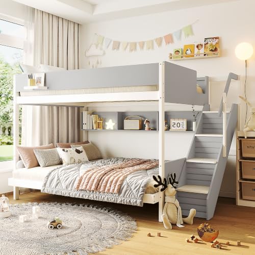 JIVOIT Twin Over Full Bunk Bed with Striped-Design Staircase, Side Shelves | Solid Wood Bunk Bed Frame, Space-Saving Design, Full-Length Safety Guardrails, Handrails, Wood Slats Support