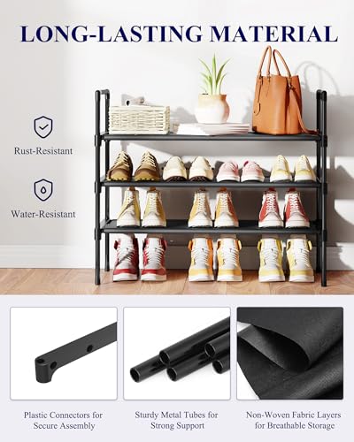 Shoe Rack - 3-Tier Shoe Organizer, Shoe Rack for Closet, Entryway, Bedroom, Easy- Assembly Storage Shelf with Side Handles, 27.6" Wide - 3 Tiers, Black