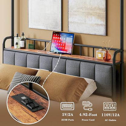 Canopy Bed Frame Full, Storage Headboard with Charging Station, view 4