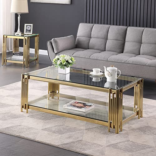 Luxury Clear Glass Coffee Table with Gold Stainless Steel Frame | Rectangle 2-Tier Coffee Table for Living Room Modern Elegant Cocktail Center Table with Storage Shelves for Home Office