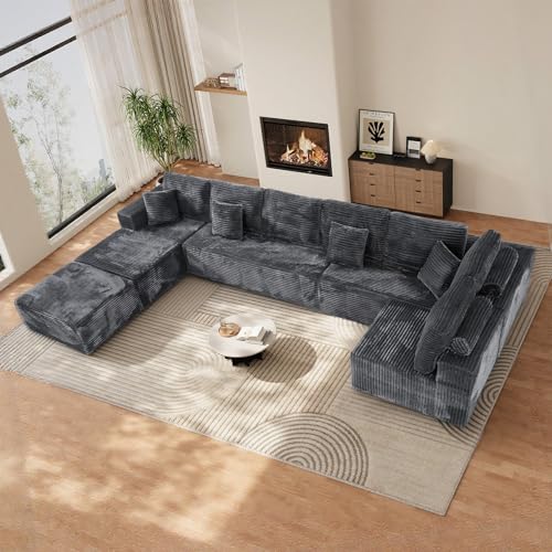 177'' Cloud Couch, Comfy Fluffy Oversized Modular Sectional Couches for Living Room, 8 Seater Modern Plush Corduroy Large Boneless Couch with Ottoman, Deep Seat, No Assembly Required, Dark Grey