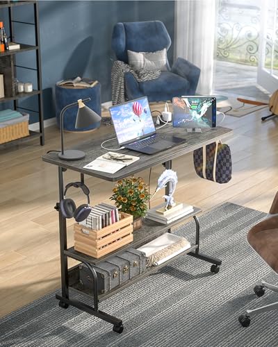 Rolling Standing Desk with Charging Station, Portable Height Adjustable Mobile Computer Desk with Wheels & 2-Tier Shelves & Hooks, Easy Assembly Laptop Table for Couch Bed, 32" Grey Oak