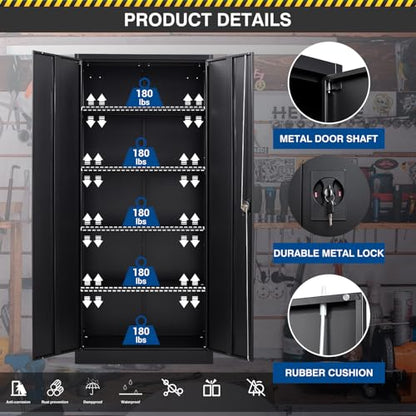 Metal Storage Cabinet-71” Tall Steel File Cabinets with Lockable Doors and Adjustable Shelves-Black Steel Storage Cabinet for Home,Kitchen, School, Office, Garage