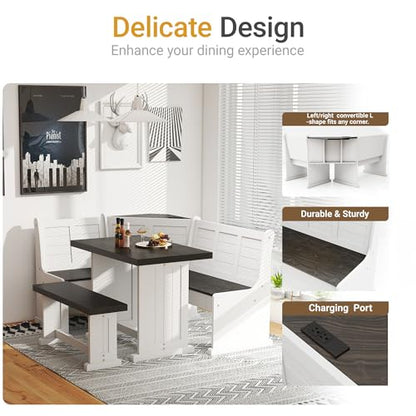 Corner Breakfast Nook Dining Set with Storage, L-Shape Kitchen Table with 2 AC Outlets, Space-Saving Bench Seats 5, Scratch & Heat Resistant