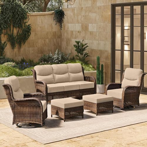 Luxury High Back Patio Furniture Set with 6-Inch Thick Cushion, 5-Piece Outdoor Conversation Set with Sofa, Swivel Rocker Chairs & Ottomans, Ideal for Porch Pool Deck Yard (Beige)