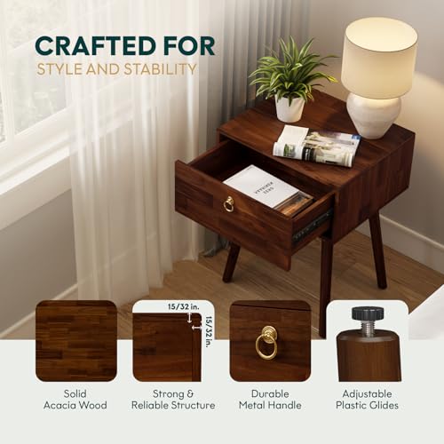 Alden Solid Wood Nightstand/Side Table/End Table, Fully Assembled, with 1-Drawer for Mid Century Bedroom and Living Room, (12mm), Dark Chocolate