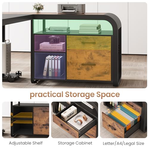 61 Inch Executive Desk, Large Office Desk with File Drawer, L Shaped Desk with Drawers, Computer Desk with Mobile CPU Stand, Storage Shelves, Power Outlets for Home Office, Rustic Brown