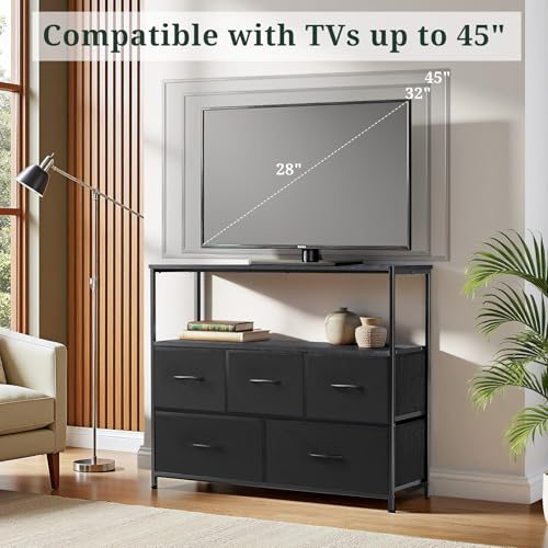 TV Stand, 5 Fabric Drawers Entertainment Center for TV up to 45 inch Wooden Media Console Table with Open Shelf, for Living Room, or Small Space, Black