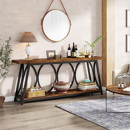 Tribesigns 70.9 inch Extra Long Console Table, Industrial Sofa Table Behind Couch with 2 Tier Storage Shelf, Narrow Entryway Hallway Accent Table for Living Room, Rustic Brown