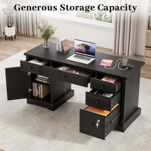 59" Farmhouse Executive Desk with Drawers Cabinet Power Outlet, view 7