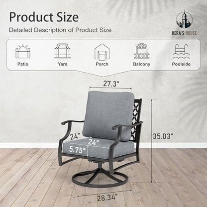 Outdoor Chairs Set of 2, 2 x Patio Chair with Grey Cushions, All Weather Outdoor Furniture for Lawn Garden Backyard Deck(Swivel Chairs)