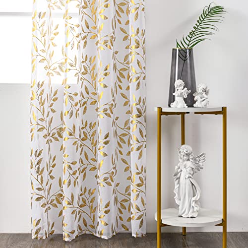 Sheer Curtains 63 Inch Length 2 Panels, Gold Foil Metallic Vine Leaves Print Window Treatments for Kitchen Living Room, Luxury Bronzing Privacy Drapes, Rod Pocket, 52" W x 63" L, White