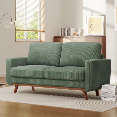 68" Loveseat Sofa - Green, Comfy Corduroy with Spring Cushion, Solid Wood Frame, Modern Deep Seat, Bedroom & Living Room, Office Couch