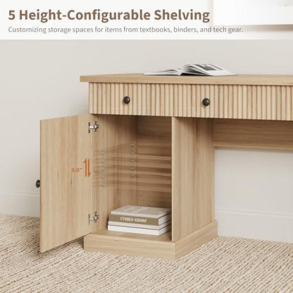 60" Office Desk with Storage & Drawers. Fluted Wood Computer Desk with Power Outlet & Adjustable Shelves.Modern Executive Desk for Home Office/Bedroom/Gaming-Burlywood