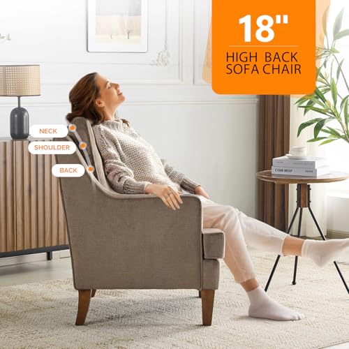 Mid-Century Accent Chairs Set of 2, Light Brown Upholstered Armchair Comfy Sofa Chairs Reading Chair High Back Living Room Bedroom Furniture for Apartment