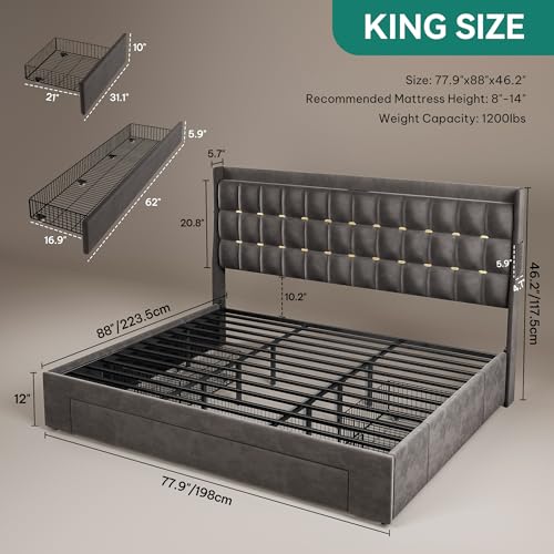 King Size Bed Frame with 3 Storage Drawers and RGB LED Lights, view 4