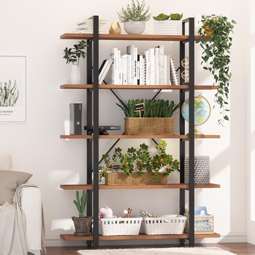 Wood and Metal Minimalist 5 Tier Bookshelf, 6 feet Tall Open Rustic Wide Bookcase Industrial Style, Modern Wooden Big Book Shelf for Home Living Room Bedroom Office Storage, Rustic Brown