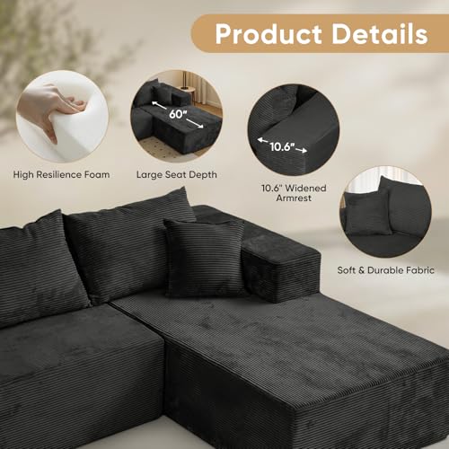 103" L Shaped Sectional Boneless Couch for Living Room, Modular Cloud Sofa | Modern Comfy Deep Seat Memory Foam Couch in Box, No Assembly, Right Facing Chaise (1CM Wide Striped Corduroy, Black)