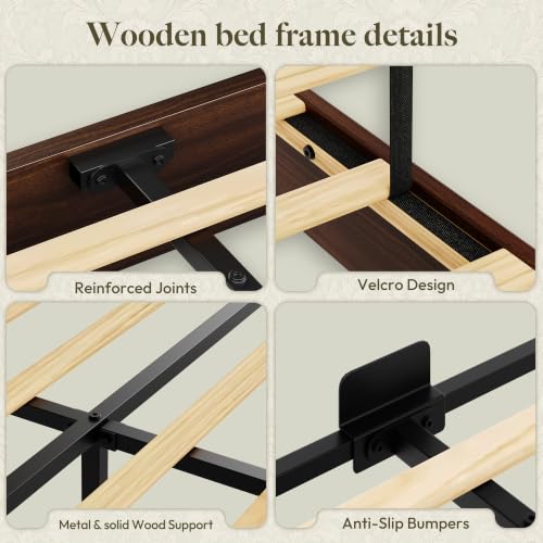 King Size Bed Frame with 50.2" Tall Upholstered Headboard, Walnut, view 8