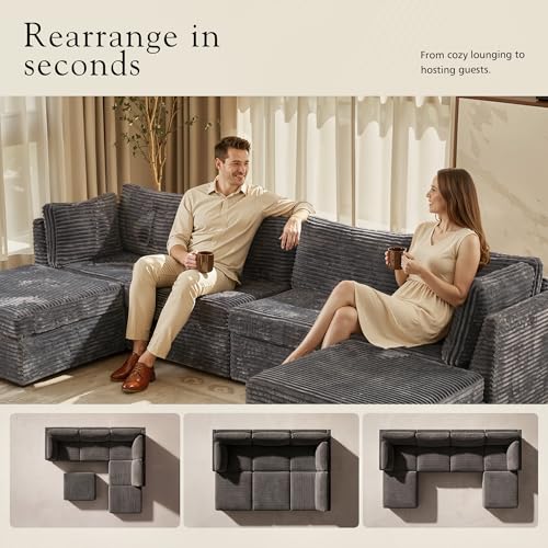 6-Pieces Modular Sectional Corduroy Sofa Set, U Shaped Couch Reversible Chaise Modular Sectional Couch, 125 inch Width, 6 Seat Modular Sofa with Ottoman, Gray