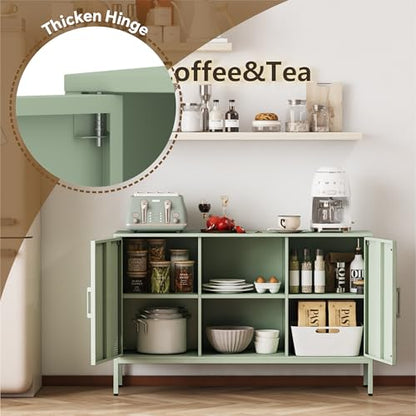 Metal Green TV Stand with Storage,Storage Cabinet Coffee Bar Buffet Cabinet Kitchen Sideboard with Adjustable Shelves for Living Room Bedroom