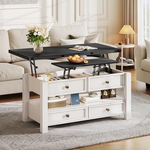 Lift Top Coffee Table, Multi-Functional Convertible Coffee Table with Drawers and Hidden Storage, Dining Table for Living Room, Home Office