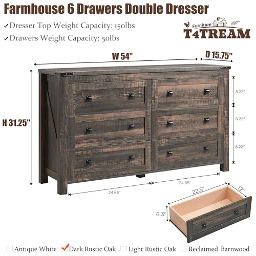54" Wide Farmhouse 6-Drawer Dresser for Bedroom, Dark Rustic Oak | Rustic, Wood Storage Cabinet, Metal Handle, Unique Corner Accent, Bedroom, Living Room, Hallway
