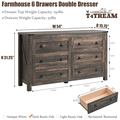 54" Wide Farmhouse 6-Drawer Dresser for Bedroom, Dark Rustic Oak | Rustic, Wood Storage Cabinet, Metal Handle, Unique Corner Accent, Bedroom, Living Room, Hallway