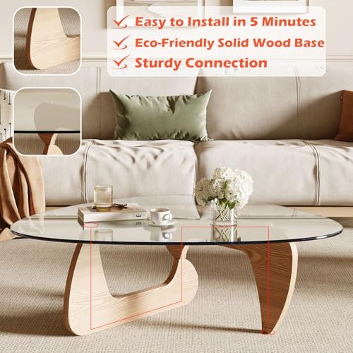 Modern Coffee Table for Living Room and Small Spaces, 43.3" x 29.5" x 15.8" Triangle Tempered Glass Table Top and Eco-Friendly Solid Wood Base, Natural Wood